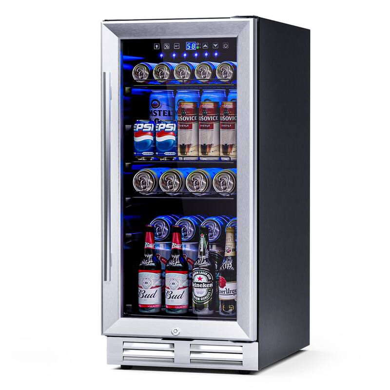 Gymax 15 Inch Beverage Cooler Refrigerator 100 Can Built-in - Black + Silver