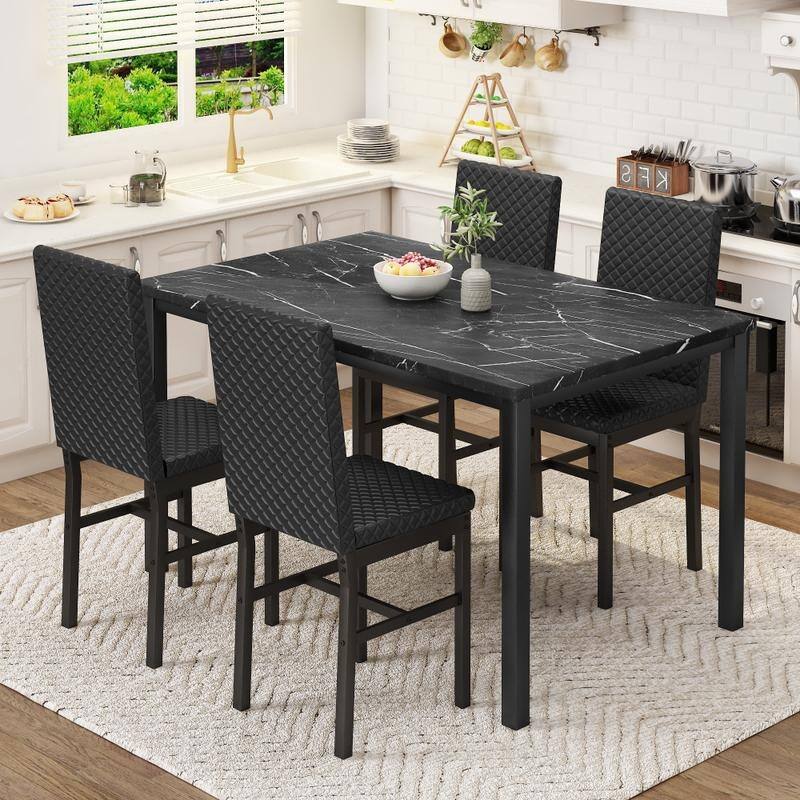 Grondin 5-Piece Dining Room Table Set with Faux Marble Table Top and Diamond Stitching Velvet Upholstery Dining Chairs