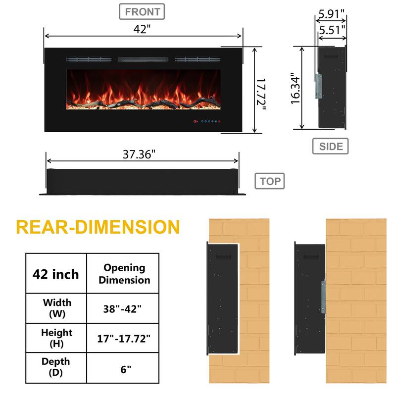 Electric Fireplace Inserts, Wall Mounted with 13 Flame Colors, Thermostat in Black