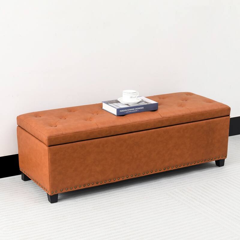 Adeco 46" Faux Leather Storage Ottoman Bench with Nailhead Trim