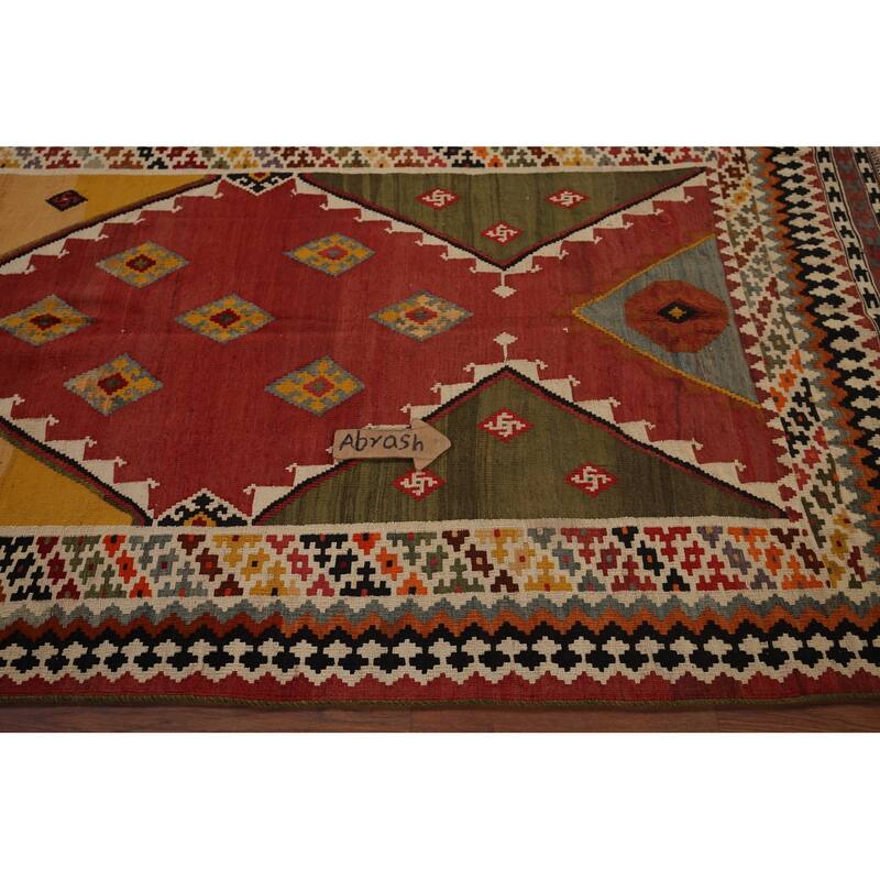 Vegetable Dye Orange Kilim Qashqai Persian Antique Wool Carpet - 4'4"x 10'10"