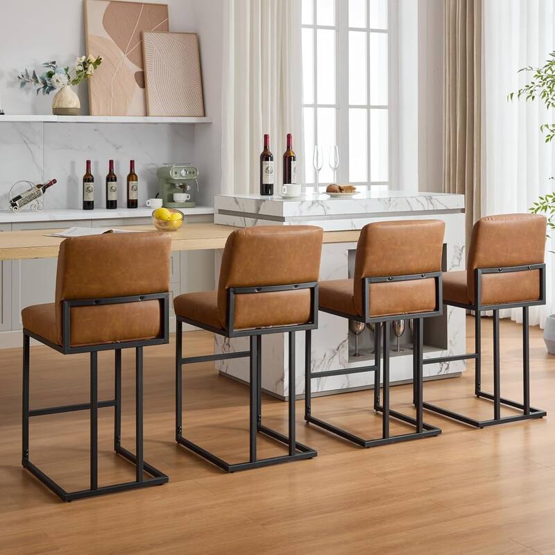 Bar Stools Set of 2, 24" Seat High Counter Height Leather Barstools