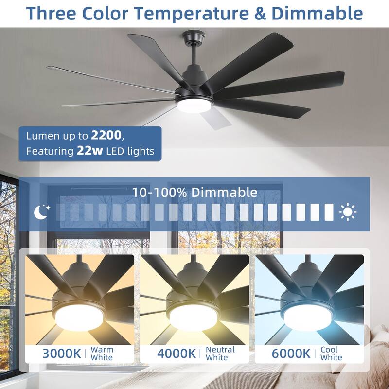 52"/66"/72"/76 Inch Modern Ceiling Fan with Dimmable LED Light ,Remote&APP Control,8 Blades for Large Living Room,Porch