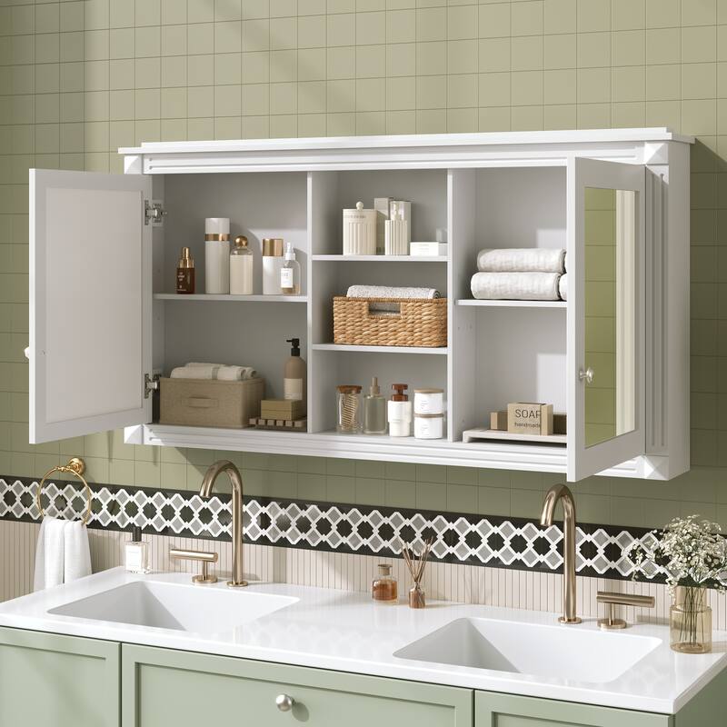 55 inch Wall-Mount 2-in-1 Mirror Cabinet with Adjustable Shelves, Soft-Closing Hinges, High-Definition Mirrors