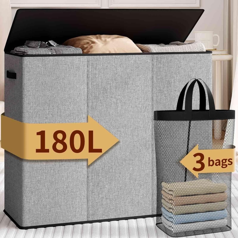 Laundry hamper 3 section - 32.7"L x 12.2"W x 27.6"H - Grey