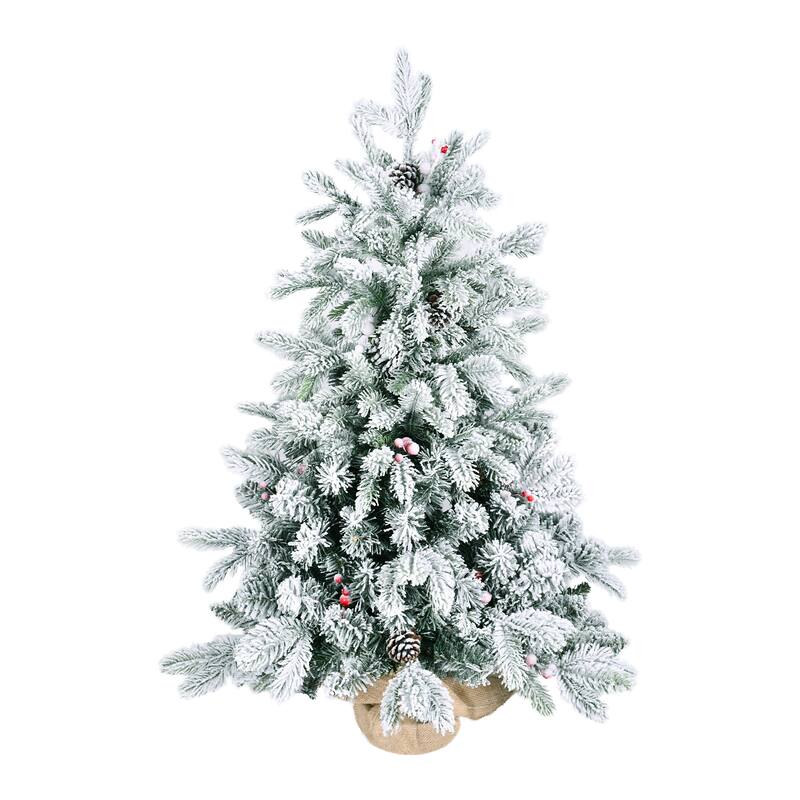 3FT Flocked Tabletop Christmas Tree with 355 Tips, Snowy PE/PVC Branches, 14 Pine Cones & 14 Red Berries