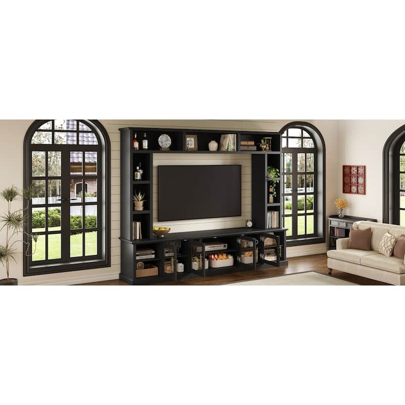 Wall Unit Entertainment Center for TVs up to 80", All-in-One TV Stand with Bookshelves, Glass Doors, Media Console with Shelving