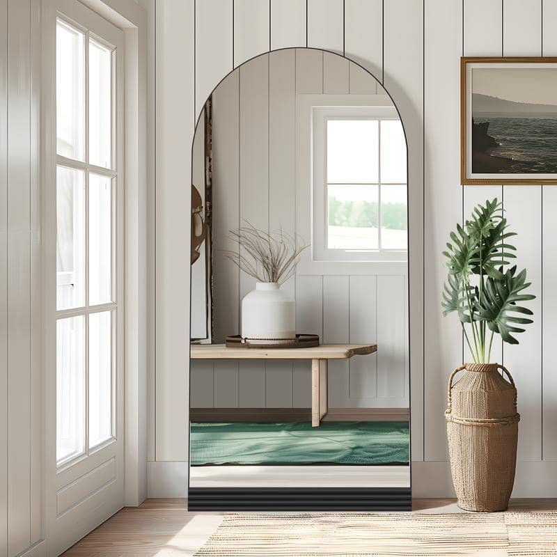 Full-Length Arched Wood Frame Wall Mirror with Striped Wooden Base in Black - 71"x31"
