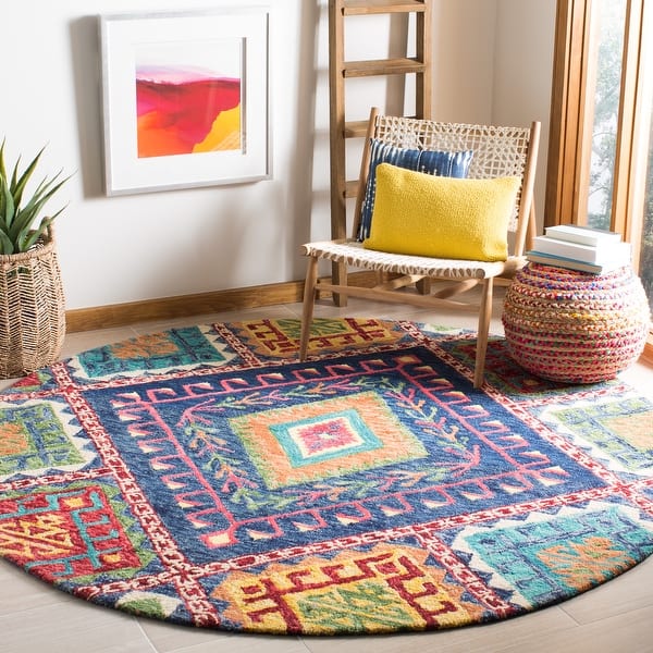 slide 2 of 15, SAFAVIEH Handmade Aspen Kira Boho Tribal Wool Rug 3' Round - Blue/Multi - Round