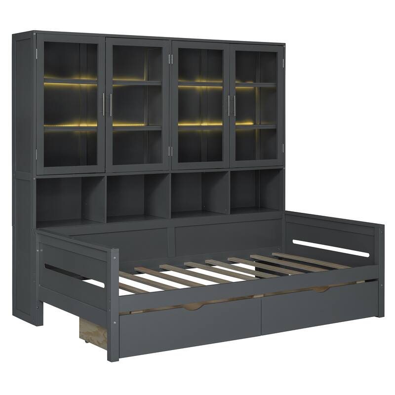 Twin Size Wooden Daybed with Glass-Door Storage, LED Lighting, and Shelves, Gray