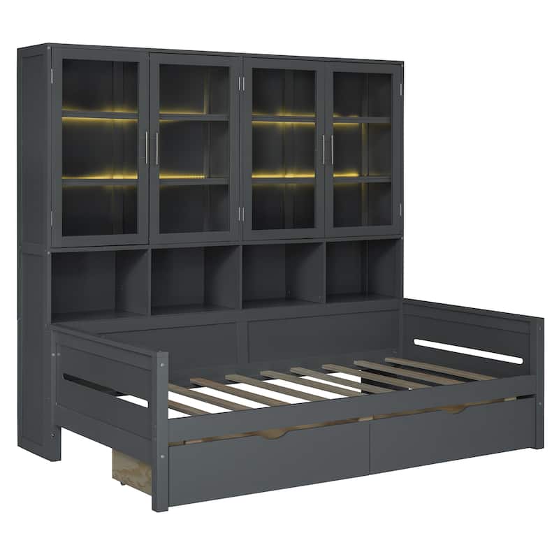 Twin Size Wooden Daybed with Glass-Door Storage Cabinets, Built-in LED Lighting and Shelves