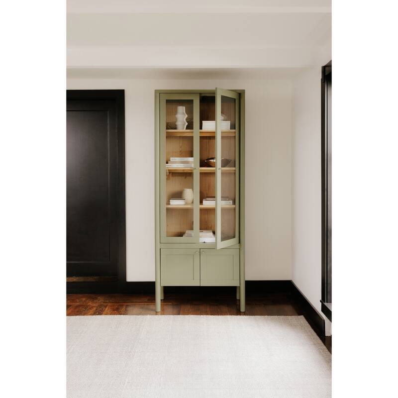 NADAAL STUDIOS Delmira Tall Cabinet, Millwork-Inspired with Glass Front and Dowel Legs, Green