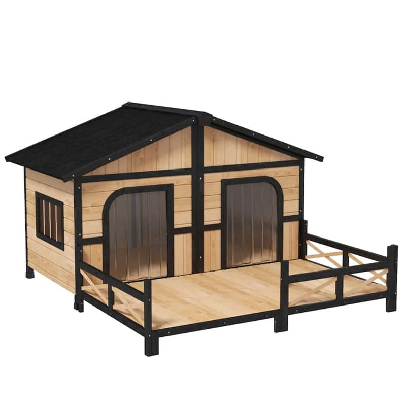Cabin-Style Dog House with Spacious Deck, Raised Floor & Asphalt Roof for Outdoor Comfort - 59"L x 63.5"W x 39.25"H