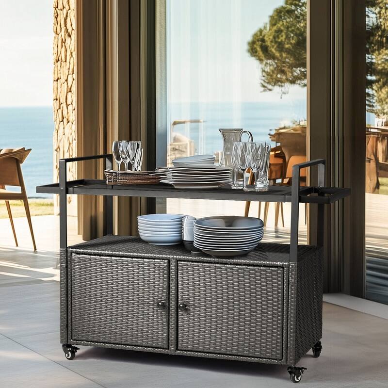 51*20*35.5inch Outdoor Bar Cart Table, Large Wicker Island Rolling Cart, Wheeled Buffet Serving Cart, Black