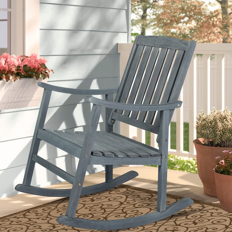 Perry Classic Slat-Back 300-Lbs Support Acacia Wood Patio Outdoor Rocking Chair, by JONATHAN Y - 22.4"