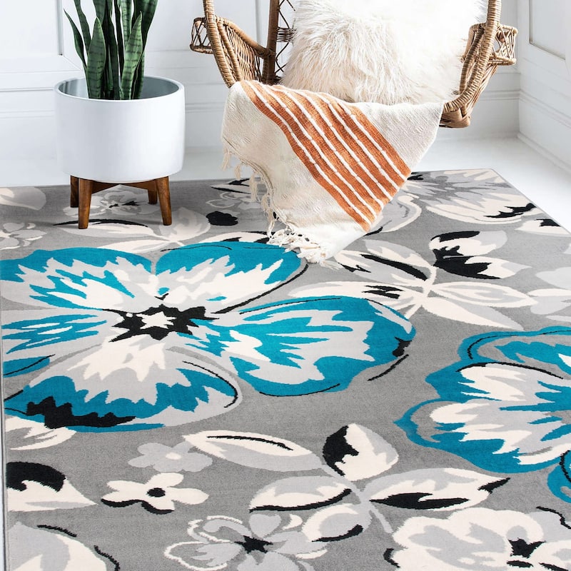 World Rug Gallery Modern Floral Design Area Rug - 10' x 14' - Blue - Runner/Rectangle
