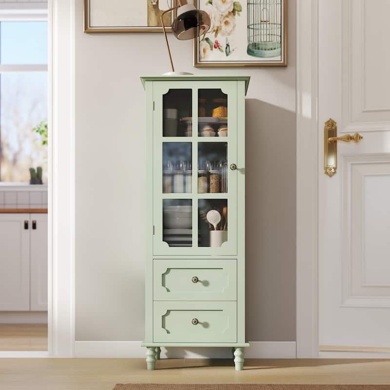 Minimalist Sideboard with Glass Doors & 2 Drawers, Modern Buffet Cabinet for Dining Room and Living Room - Mint Green