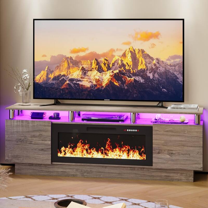 BOSSIN 70" Modern Electric Fireplace TV Stand, with Electronic Flame and LED Lights, High Gloss Finish Entertainment Center - New Grey