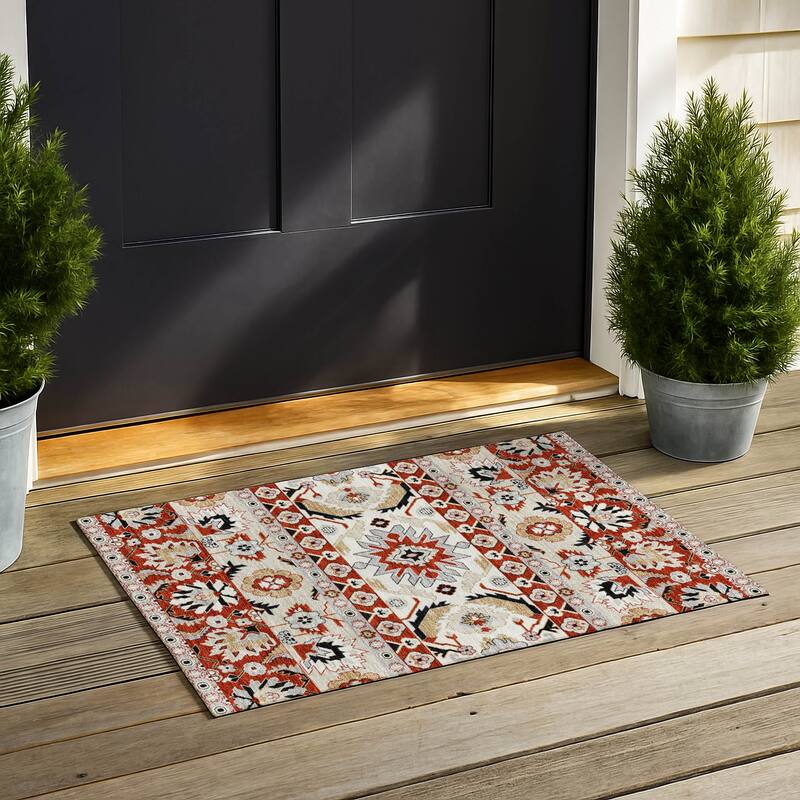 Machine Washable Indoor/ Outdoor Traditional Aspen Chantille Rug - Red - 1'8" x 2'6"