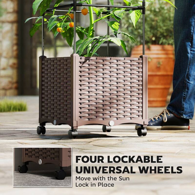 Outsunny Raised Garden Bed with Trellis, 71.7" Tomato Cage with Lockable Wheels, Self Watering Outdoor Planter Box