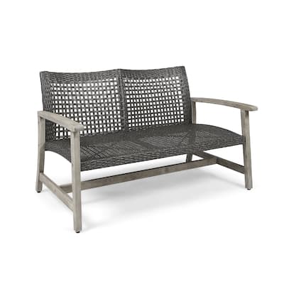 Bops Outdoor Loveseat, Rustic Acacia Wood Frame, 52 Inch, Gray Wicker