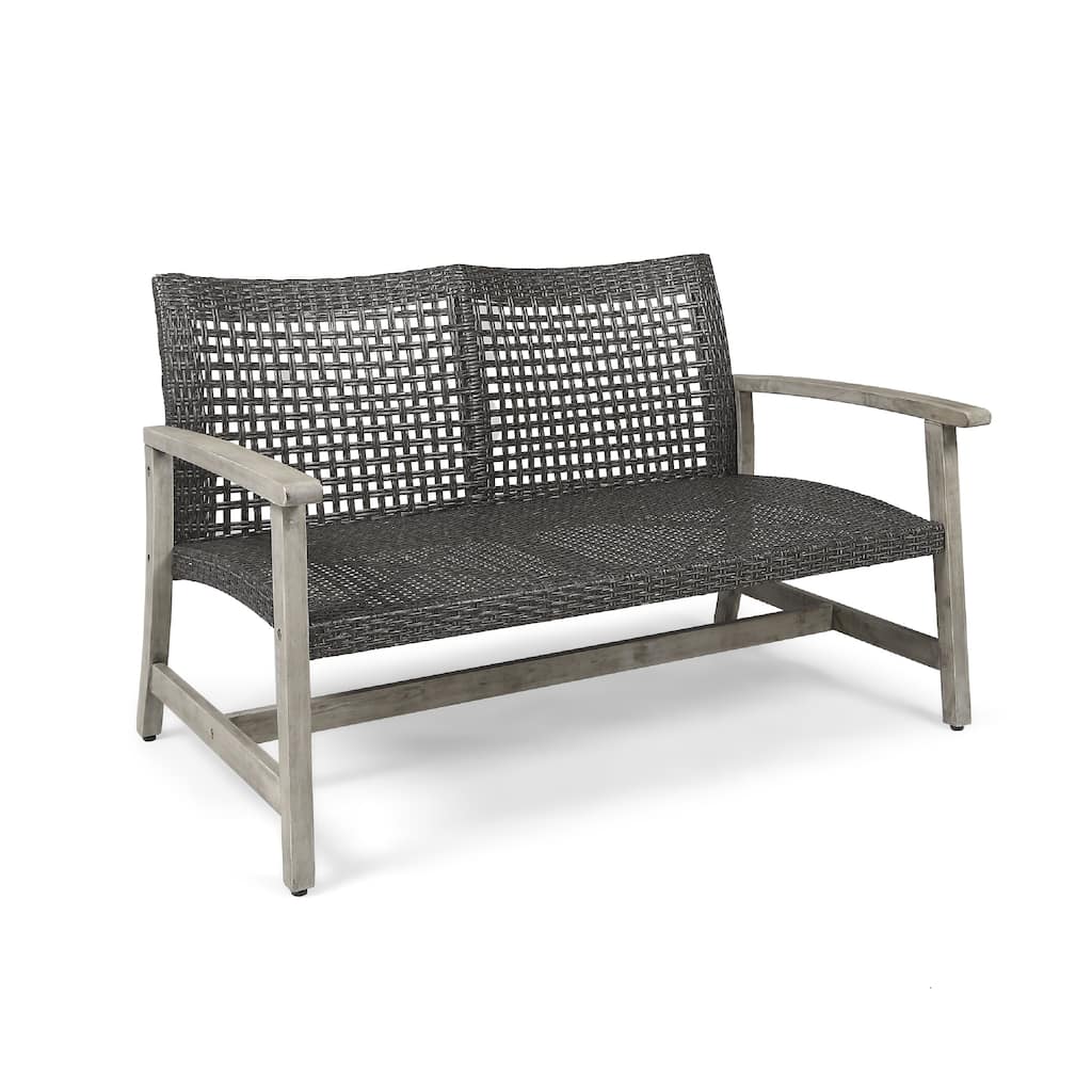 Bops Outdoor Loveseat, Rustic Acacia Wood Frame, 52 Inch, Gray Wicker
