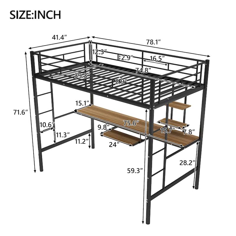 Loft Bed with Desk and Shelf , Space Saving Design