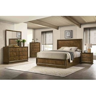 Walnut Finish Transitional Bedroom Furniture Set Bed Nightstand Dresser Mirror Chest