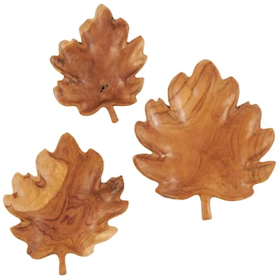 Teak Wood Leaf Handmade Carved Living Room Decor Tray - Set of 3 Brown - Roche River Decor