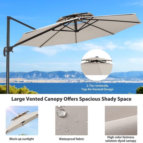 ainfox outdoor 10ft solar cantilever offset hanging patio umbrella with Lights, Market Umbrella with Sandbags Weighted Base and Cross Base Khaki / with Lights This is because you can get them to rotate 360 degrees to follow the suns positioning throughout the day Ainfox 10ft Cantilever Offset Patio