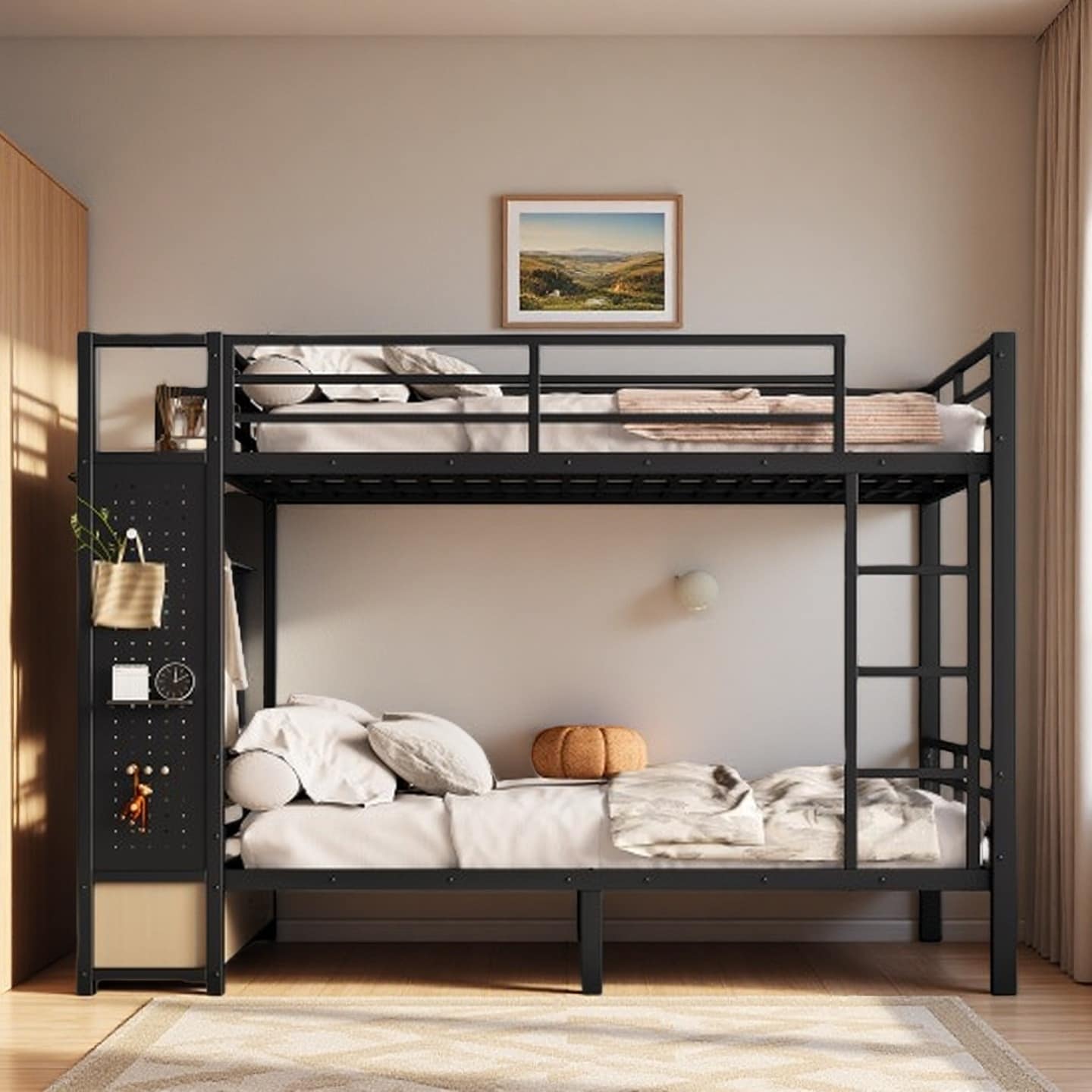 Queen over Queen Metal Bunk Bed with Drawers, Shelves & Pegboard, Space-Saving Multifunctional Loft Bed for Teens and Adults