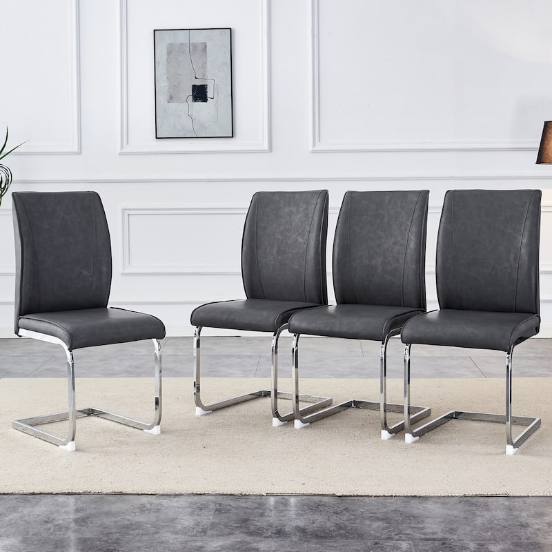 Roomfitters Arch Dining Chairs with Dark Gray PU and Silver Metal Legs, High Resilience Upholstered Set of 4
