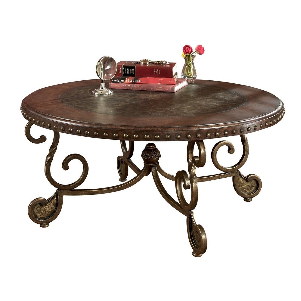 Ashley  T382-8 Rafferty Dark Brown Round Cocktail Table with Decorative Metal Detail (Assembly Required)