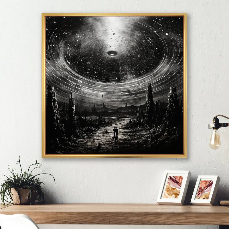 Designart "Minimalism Sci Fi Ufo" Ufos Framed Wall Art Prints - 36 in. wide x 36 in. high - Gold