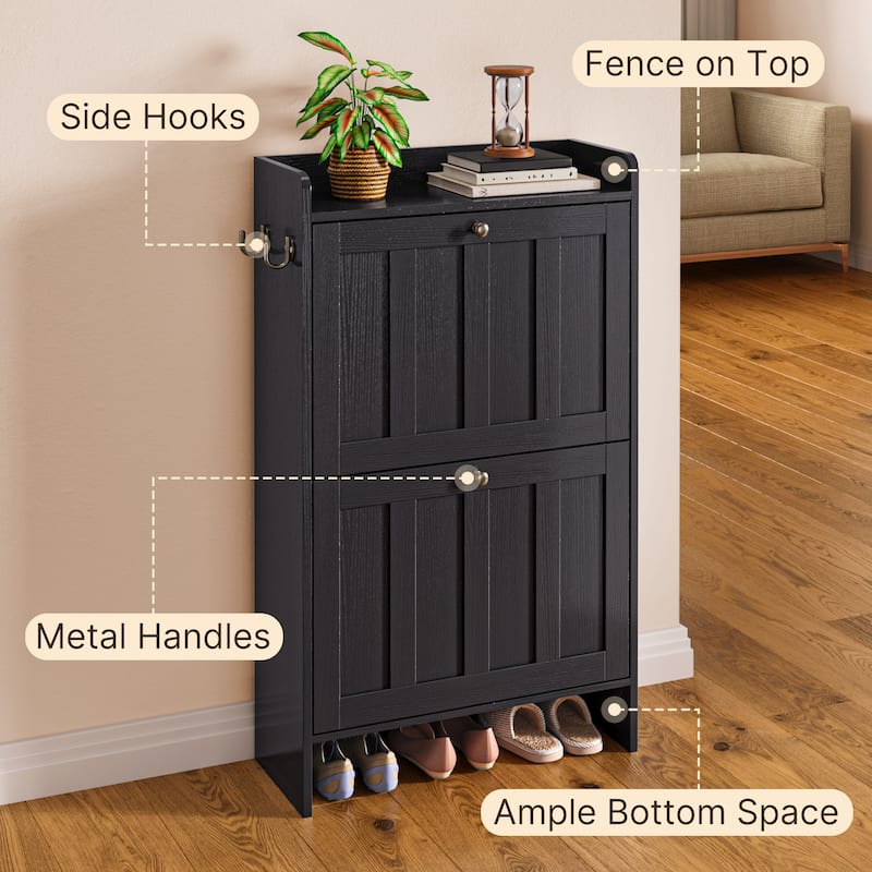 Shoe Cabinet with Flip Drawers, Slim Shoe Storage Cabinet for Entryway, Freestanding Narrow Rack with Open Storage