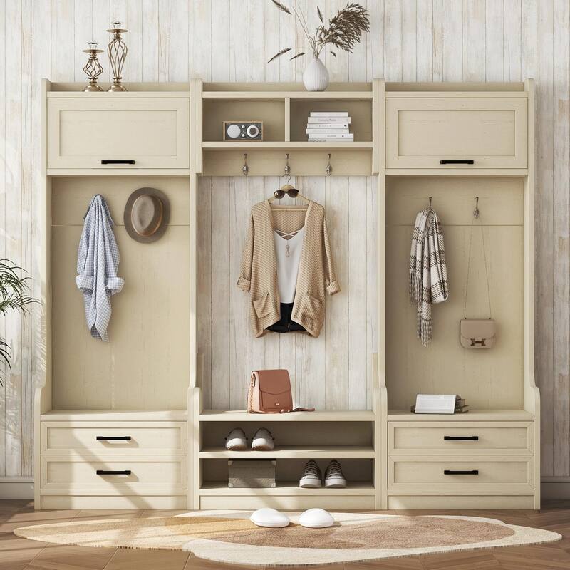 4-in-1 Entryway Hall Tree with Storage, 7 Hooks & Drawers, Beige - Beige