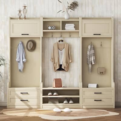 4-in-1 Entryway Hall Tree with Storage, 7 Hooks & Drawers, Beige