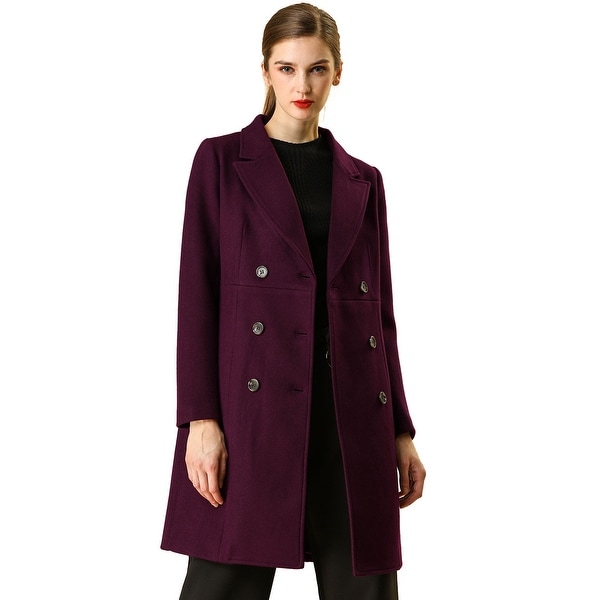 Women's Double Breasted Notched Lapel Winter Long Trench Coat - Burgundy