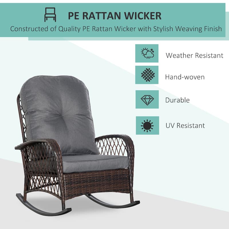 Outsunny Outdoor Wicker Rocking Chair with Widen Seat, Thickened Cushion, Rattan Rocker with Steel Frame