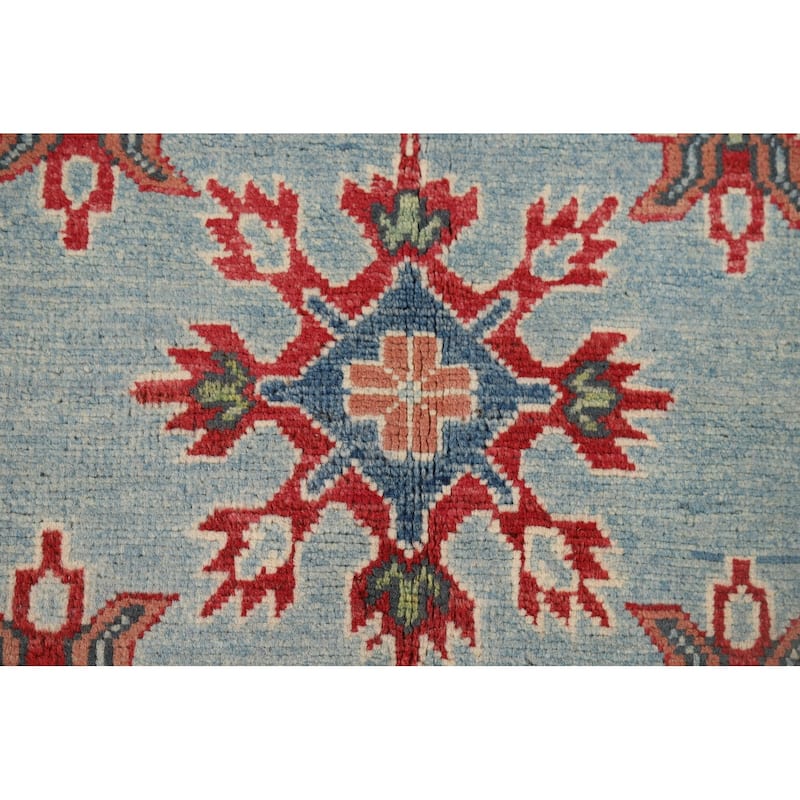 Light Blue Geometric Kazak Oriental Accent Rug Handmade Wool Carpet - 3'10" x 6'5"
