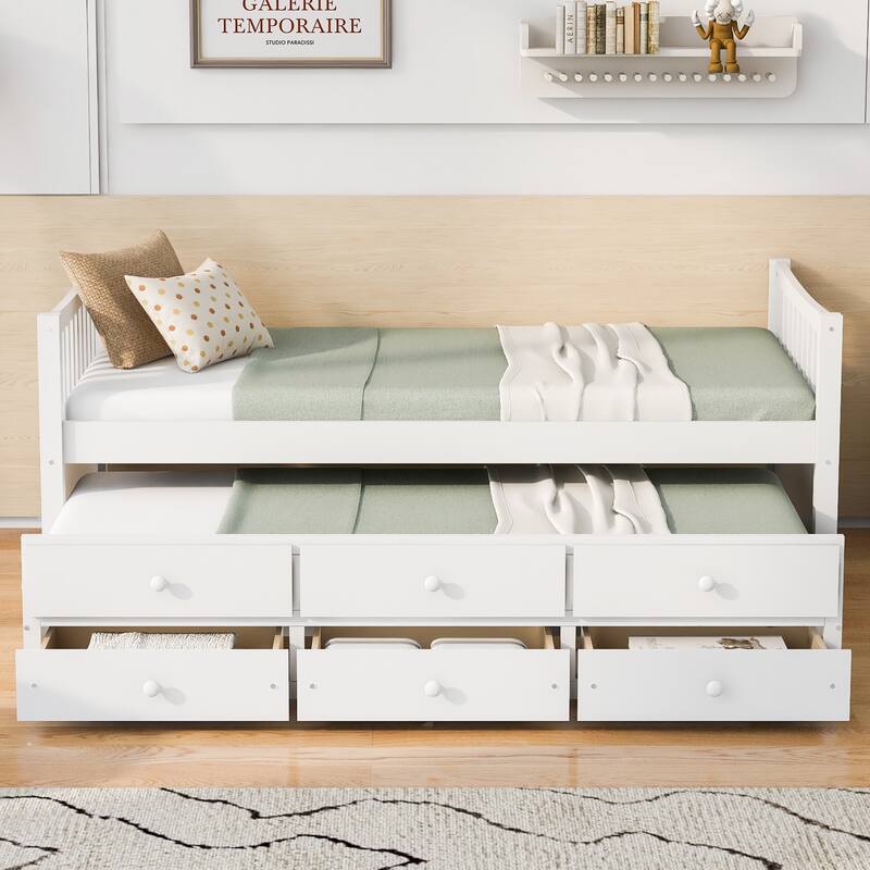 Daybed with Trundle and Drawers Twin Size Modern Wooden Sofa Bed Frame