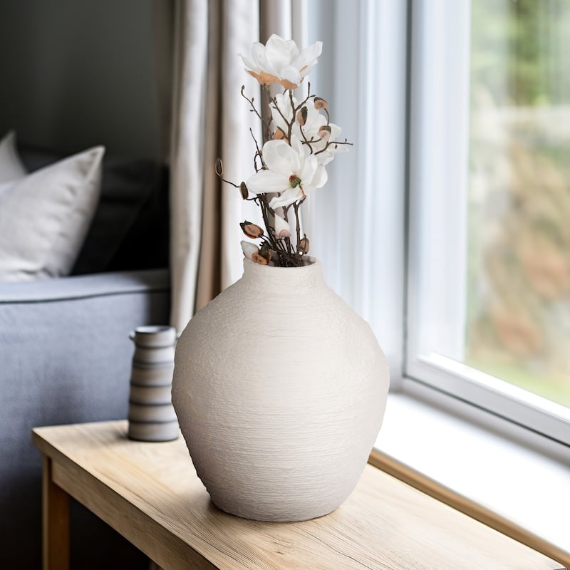 Sagebrook Home Woven Textured Vase, White, Round, Solid Color, Tranquil Waters Decorative Item - 10" x 10" x 12"