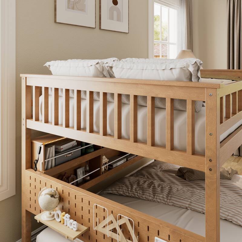 Wooden Full Over Full Bunk Bed Frame for Kids with Integrated Shelving, Light Strip, Pegboard, Full-Length Guardrails and Ladder