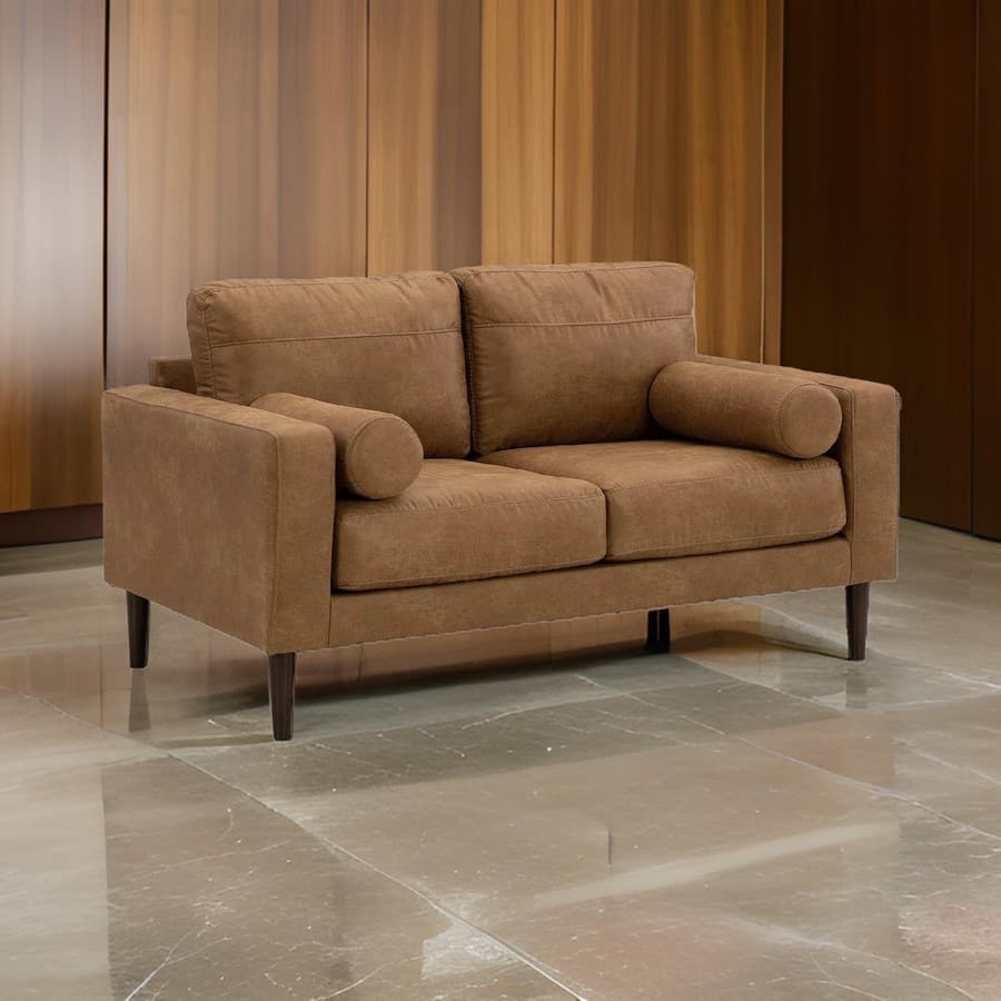 Tely 60 Inch Loveseat, Transitional Style, Soft Caramel Brown Faux Leather