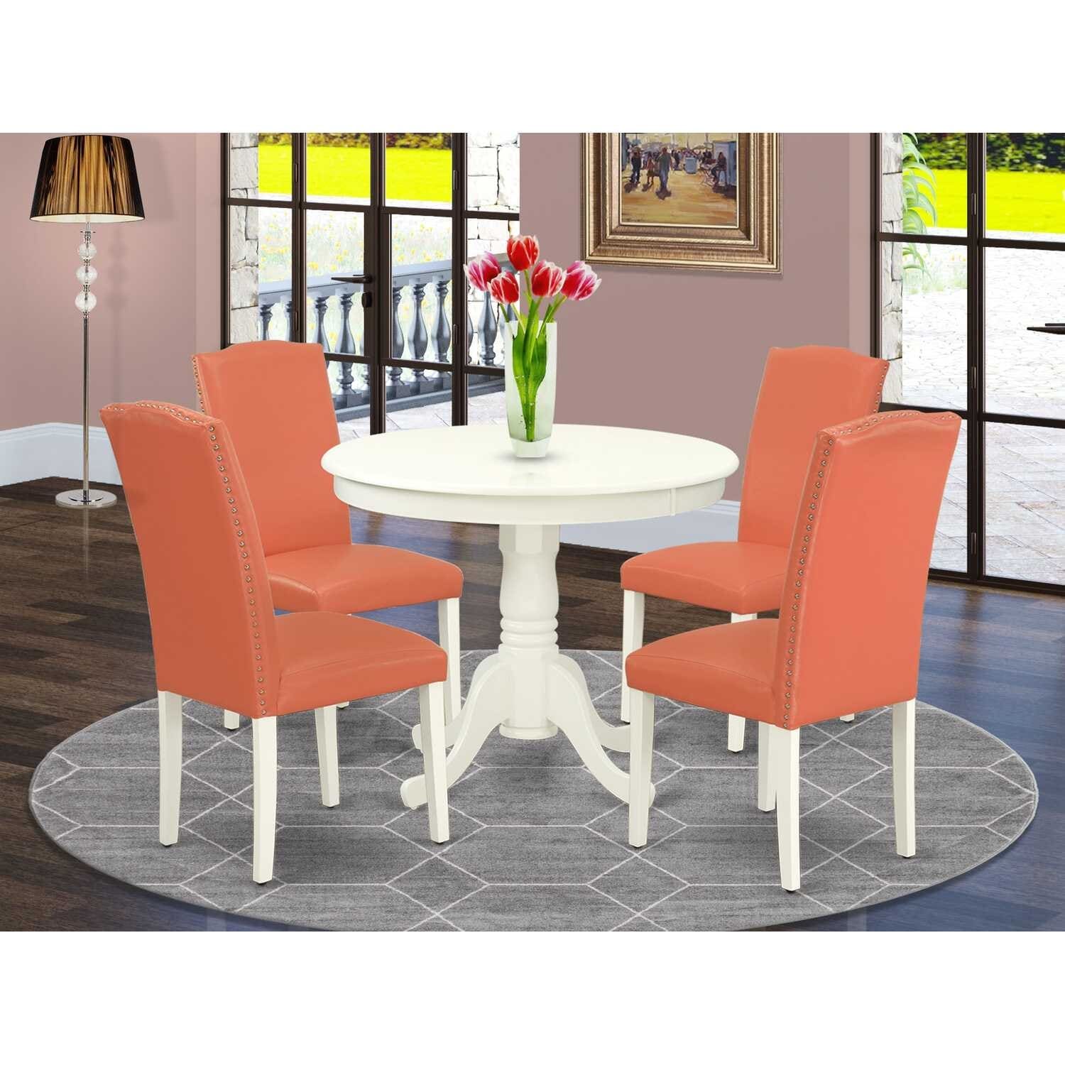 Round Dining Set 5pc - 36" Table & 4 Chairs - Pink Flamingo Linen White - Modern Kitchen Set