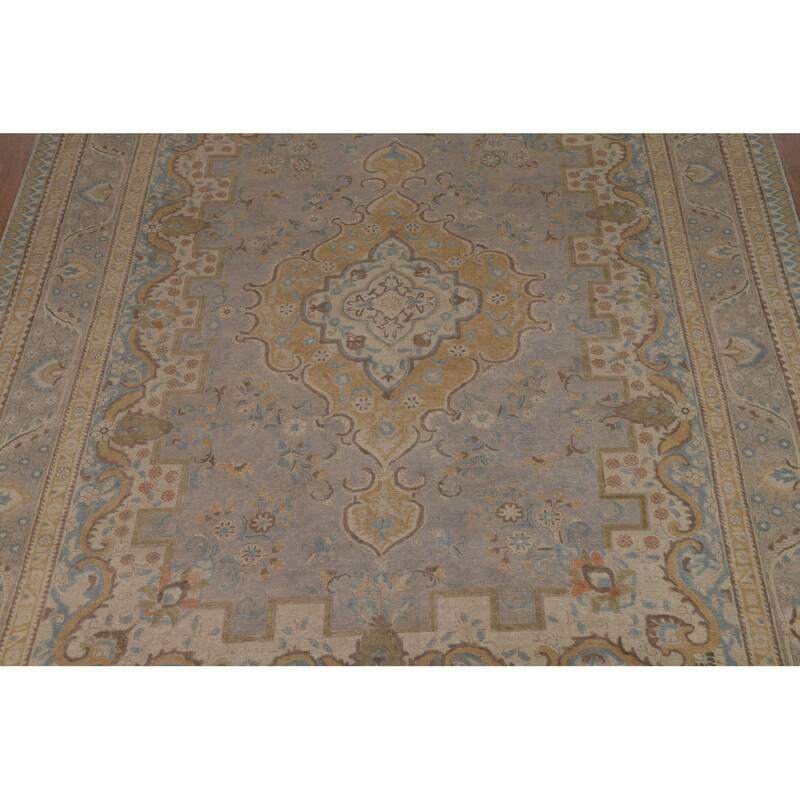 Geometric Tabriz Persian Area Rug Handmade Grey Wool Carpet - 9'3"x 12'4"