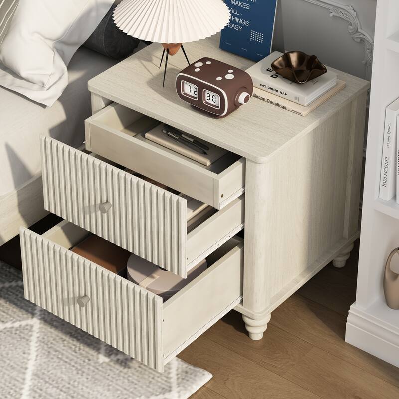 Modern Fluted Nightstand with 2 Large Drawers & 1 Hidden Drawer, Wood Bedside Tables for Bedroom, Retro Simple Style End Table