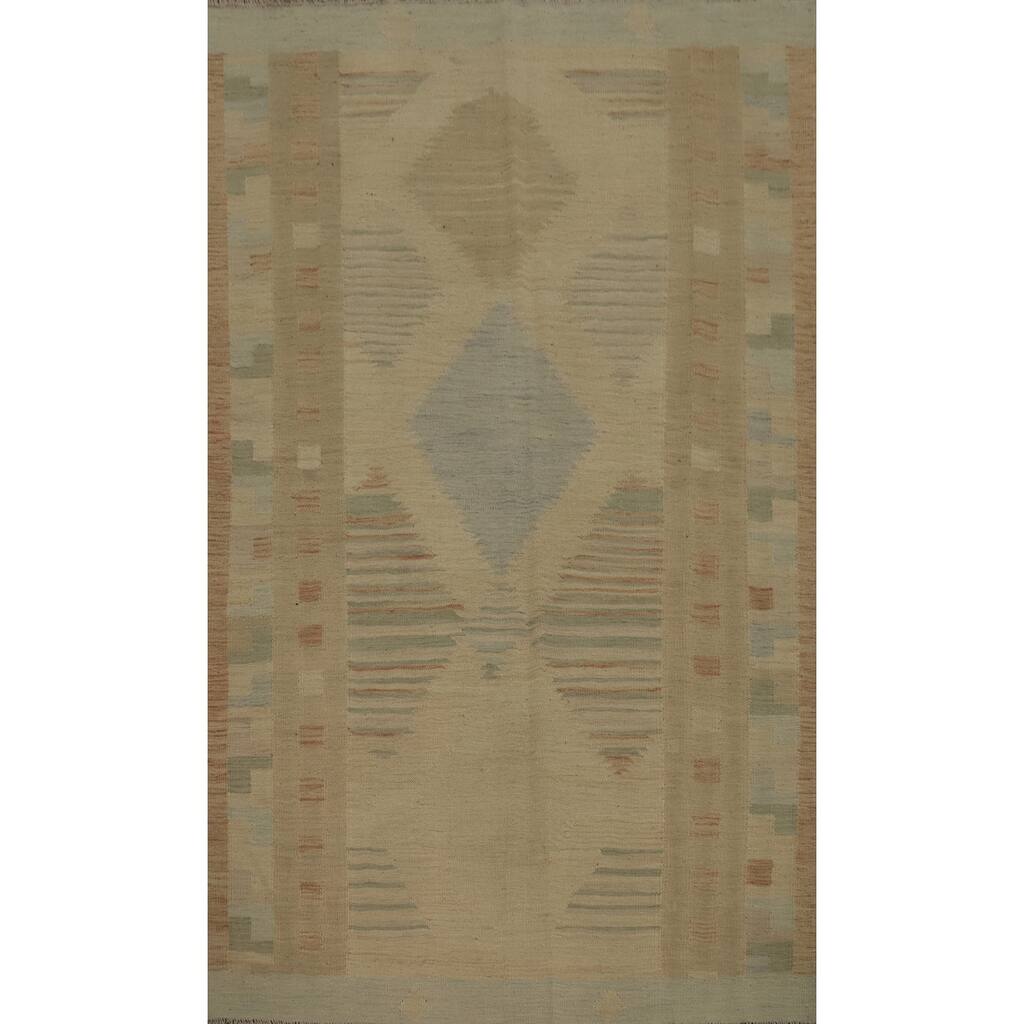 Hand Woven Oriental 100% Wool Carpet Southwestern Tribal Beige & Ivories Kilim Area Rug - 6' 10'' X 4' 9''