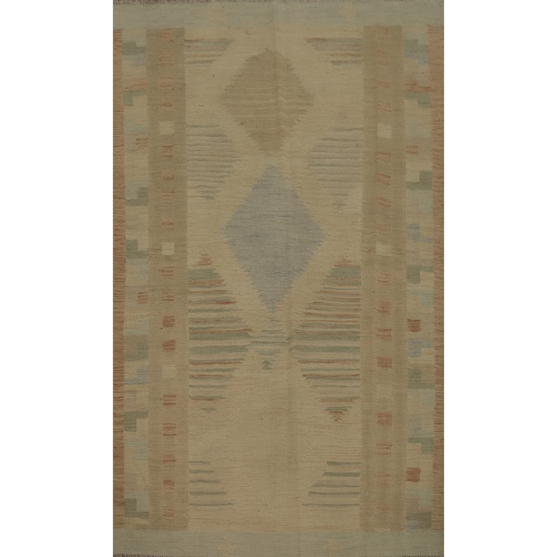Hand Woven Oriental 100% Wool Carpet Southwestern Tribal Beige & Ivories Kilim Area Rug - 6' 10'' X 4' 9''