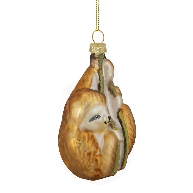 Sloth with Bamboo Glass Christmas Ornament - 4" - Gold